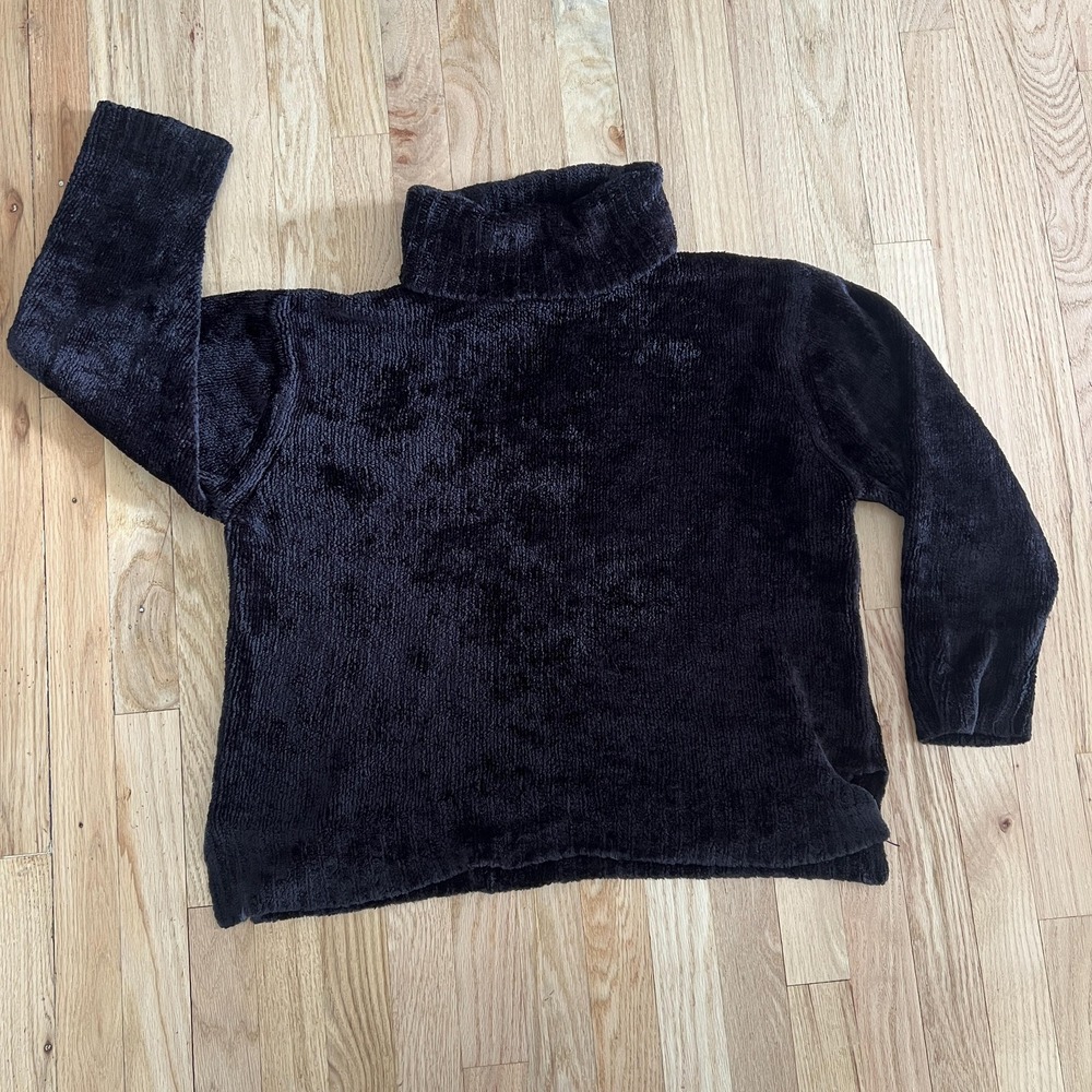 Vintage 90s Chenille Turtleneck Sweater Black Plush Cozy Minimalist Pullover - Picture 9 of 14